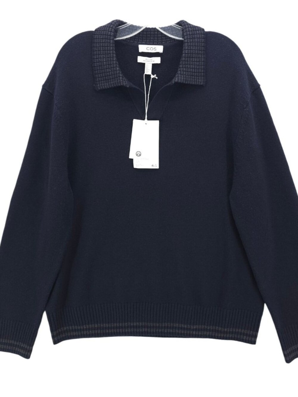 COS Men's Responsible 100% Wool Polo Jumper Sweater Striped Hems Relaxed Fit XL
